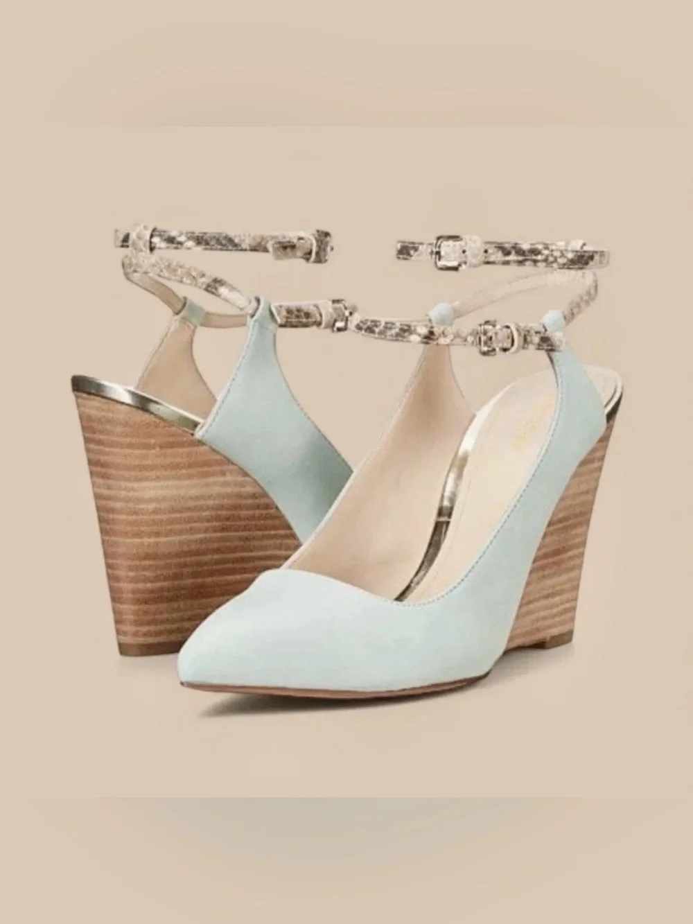 Coach Ollie Seafoam Light Green Leather in Snake Print- Ankle Wedge. 7.5 M. New.
